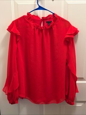 Ann Taylor Bright Red Ruffle-Trim Blouse XL
